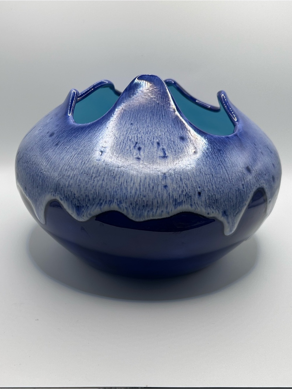 Vintage Drip Glaze Art Pottery Bowl | Cobalt Turquoise Sculptural Planter (MCM)